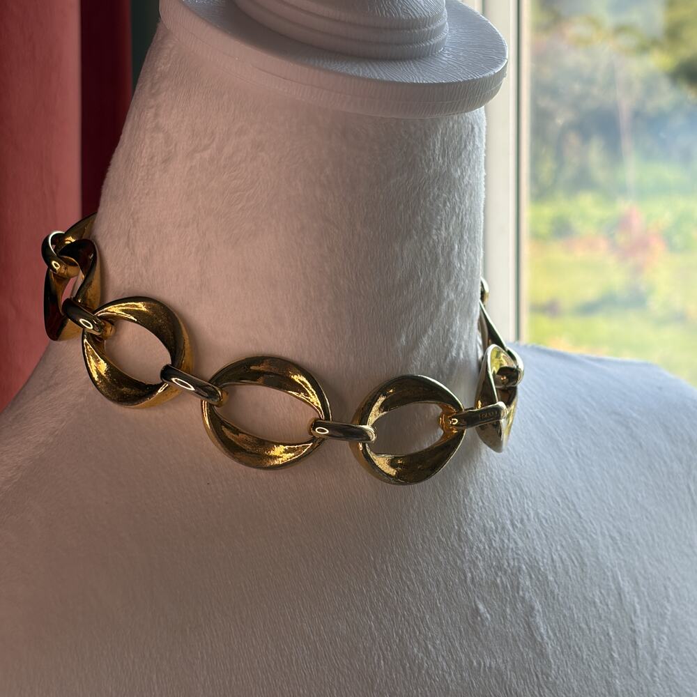 Vintage 80s CHANEL 24K Gold Plated Sculptural Oval Link Chain Choker Necklace Ho
